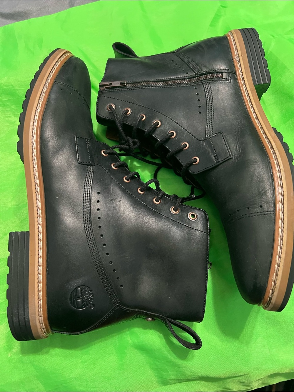 Timberland Black Leather Lace & Zip Work Boots with Tan Sole